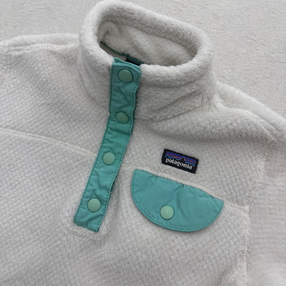 Patagonia Re-Tool Snap-T Pullover Kids Size M 10 Cream Teal Fleece